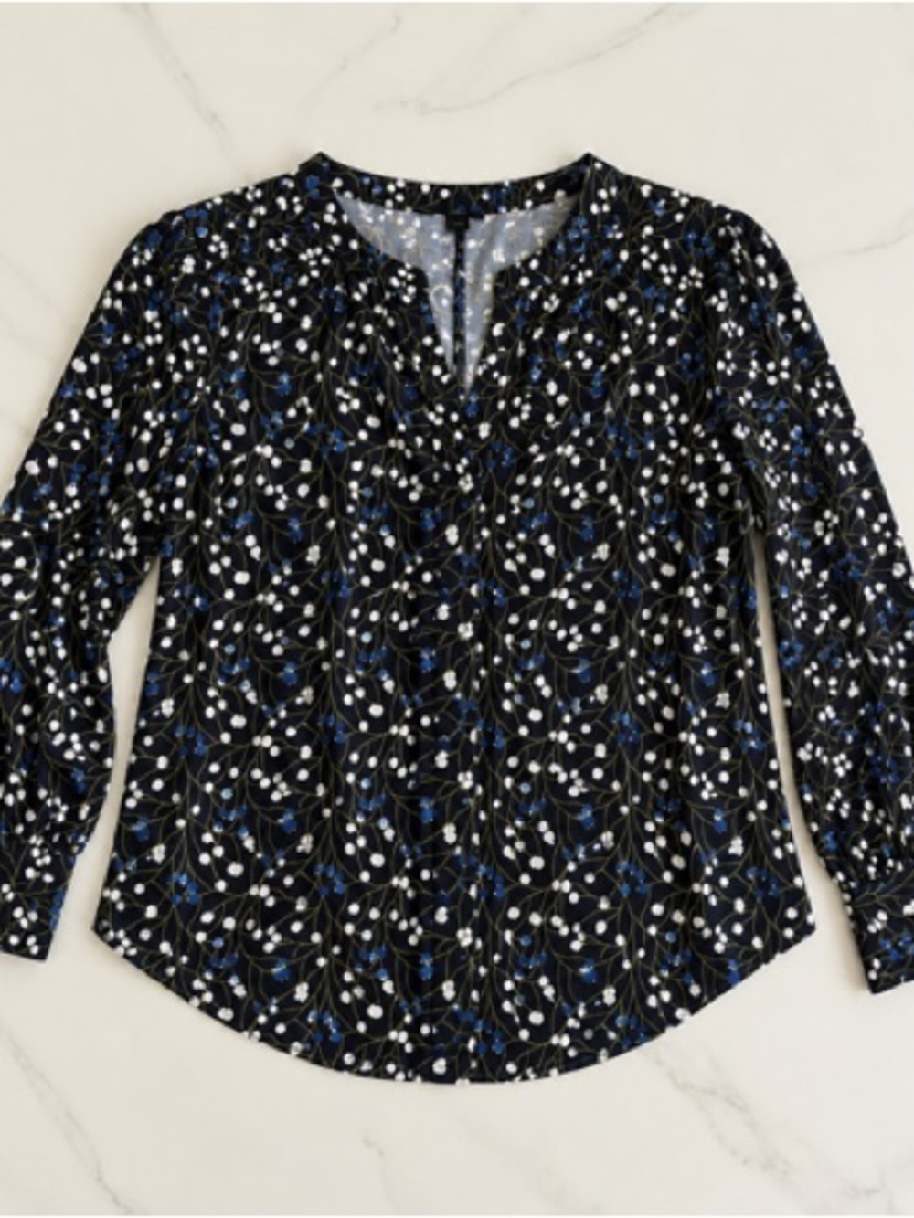 Ann Taylor Black Floral-Print Long-Sleeve V-Neck Blouse with Blue Accents